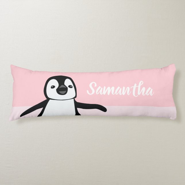 Pink Personalized Cute Penguin Illustration Body Pillow (Front)