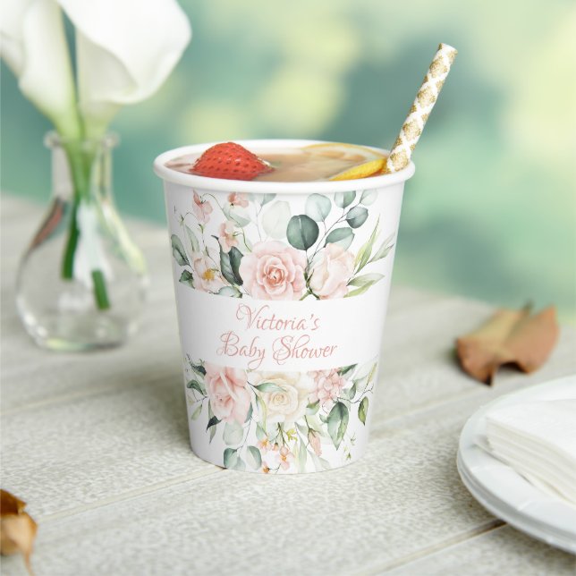 Pink Personalized Elegant Floral  Baby Shower Paper Cups (Insitu)