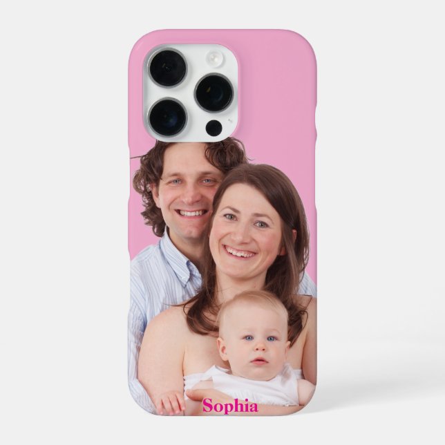 Pink Personalized Family Photo with Custom Name iPhone Case (Back)