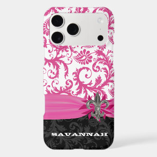 Pink Personalized Faux Fleur de lis Damask iPhone