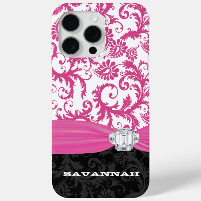 Pink Personalized Faux Rhinestone Damask iPhone Case-Mate iPhone Case (Back)