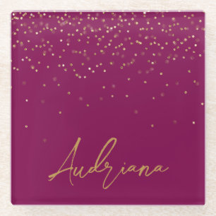 Pink Personalized Gold Name Glitter Sparkle Dots Glass Coaster