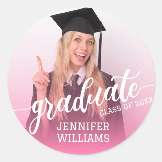 Pink Personalized Graduation Photo Graduate Party Classic Round Sticker (Front)