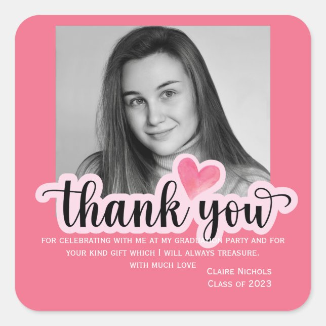 Pink Personalized Graduation Photo Thank You Square Sticker (Front)