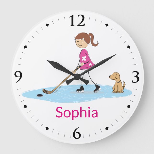 Pink Personalized Hockey Girl Cartoon Room Decor Large Clock (Front)
