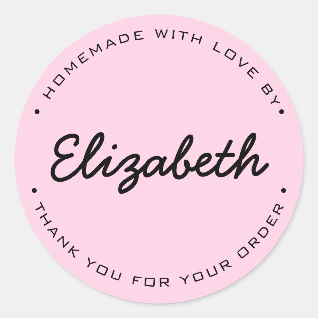 Pink Personalized Homemade with Love Thank you Classic Round Sticker (Front)
