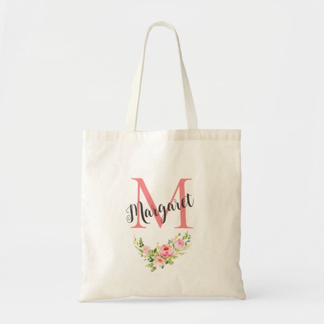 Pink Personalized Monogram Flowers  Modern Elegant Tote Bag (Front)