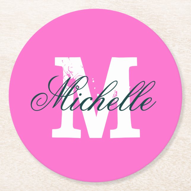 Pink personalized monogram round paper coasters (Front)