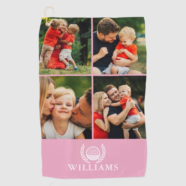 Pink Personalized Name Monogram 4 Photo Golf Towel (Front)