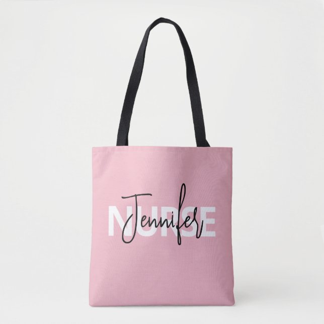 Pink Personalized Nurse Typography Tote Bag (Front)