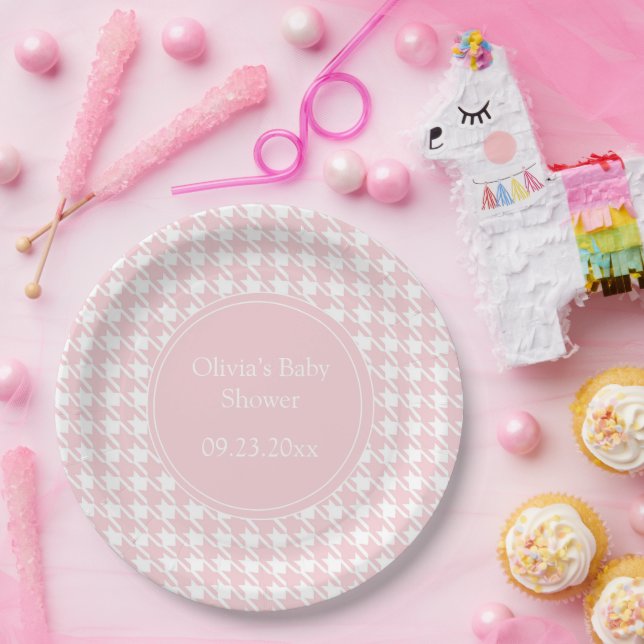 Pink Personalized Pastel Houndstooth  Paper Plate (Party)