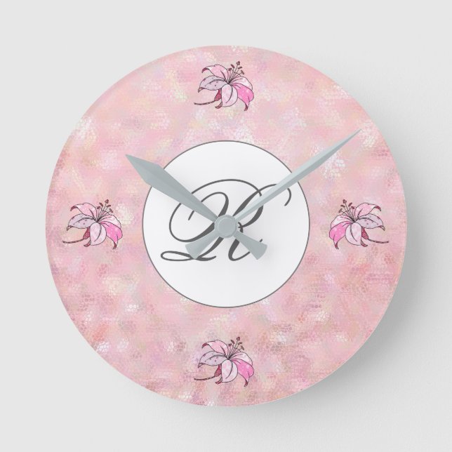 pink, personalized round clock (Front)