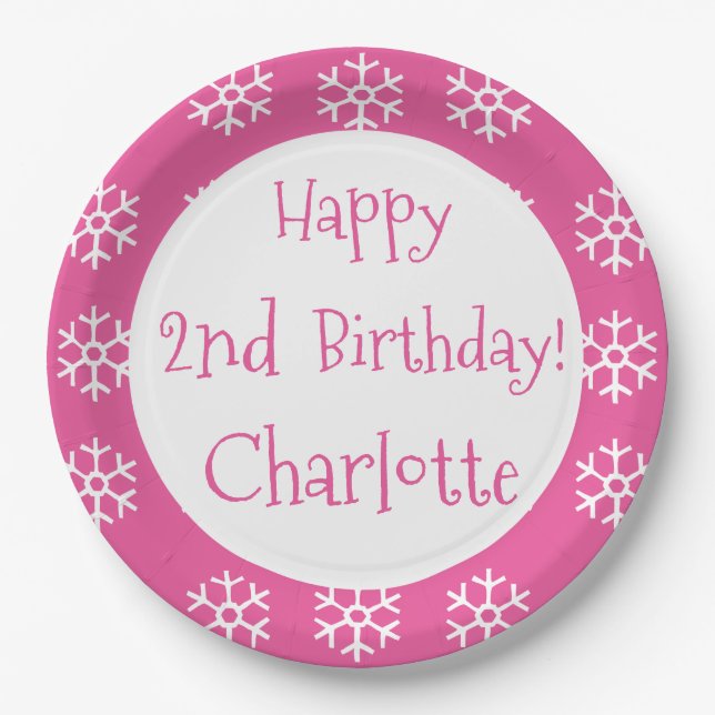Pink Personalized Snowflake Winter Birthday Kids Paper Plate (Front)