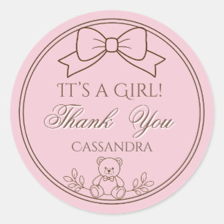 Pink Personalized Teddy Bear Bow It’s a girl Classic Round Sticker