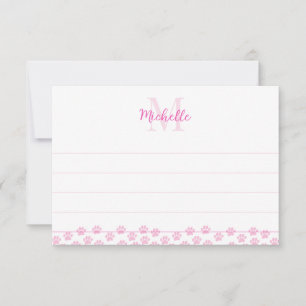 Pink Pet Paw Prints Editable Monogram Cute Lined Card
