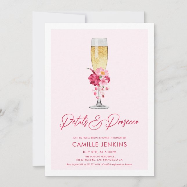 Pink Petals and Prosecco Floral Bridal Shower Invitation (Front)