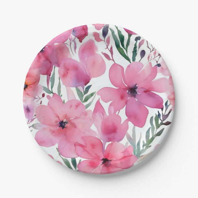 Pink Petals | Watercolor Floral Painted Flowers Paper Plate (Front)