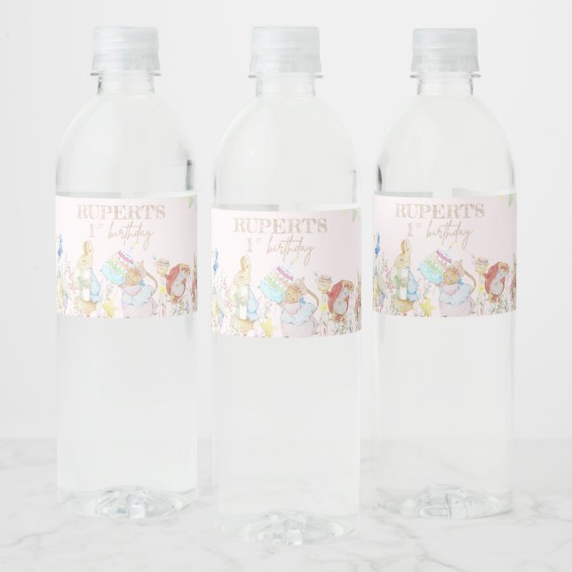 Pink Peter the Rabbit First Birthday Water Bottle Label (Bottles)
