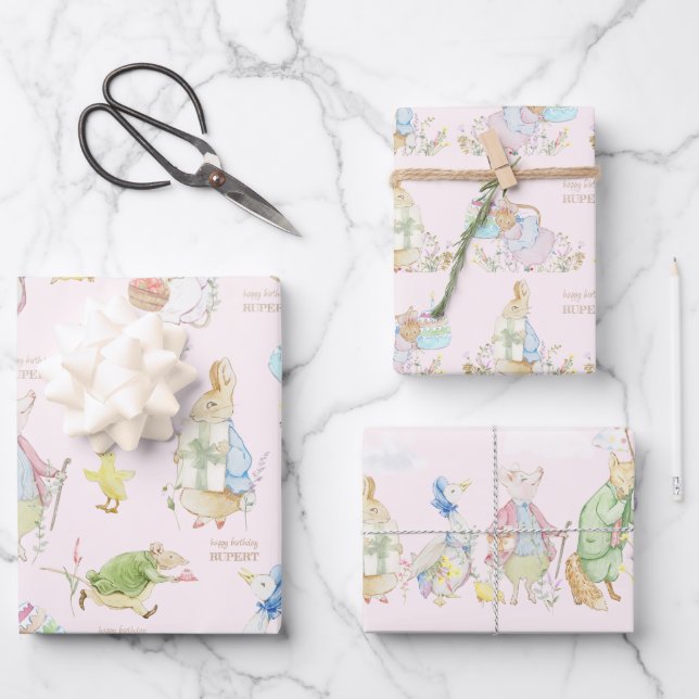 Pink Peter the Rabbit First Birthday Wrapping Paper Sheet (Front)