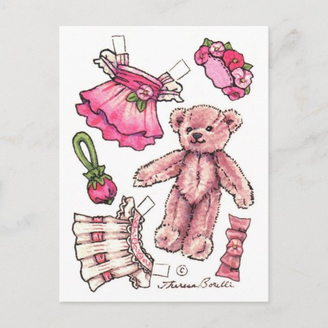 Pink Petunia Teddy Bear Paper Doll cute Postcard (Front)
