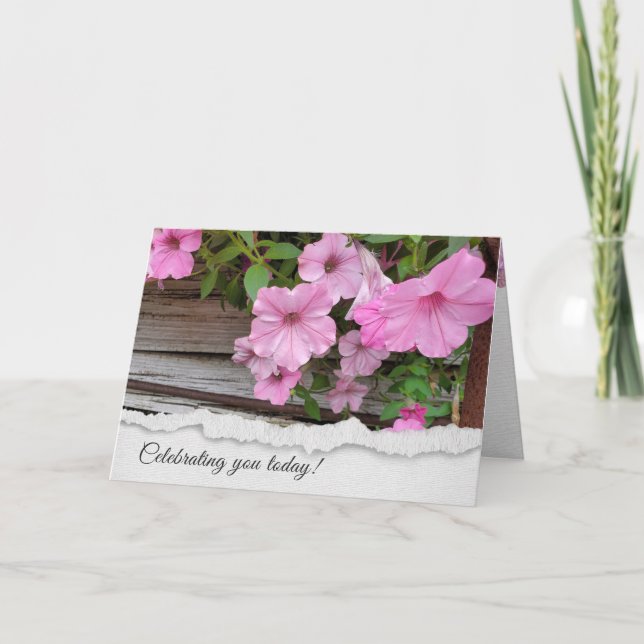 Pink Petunias On Barn Wood Birthday Card (Front)