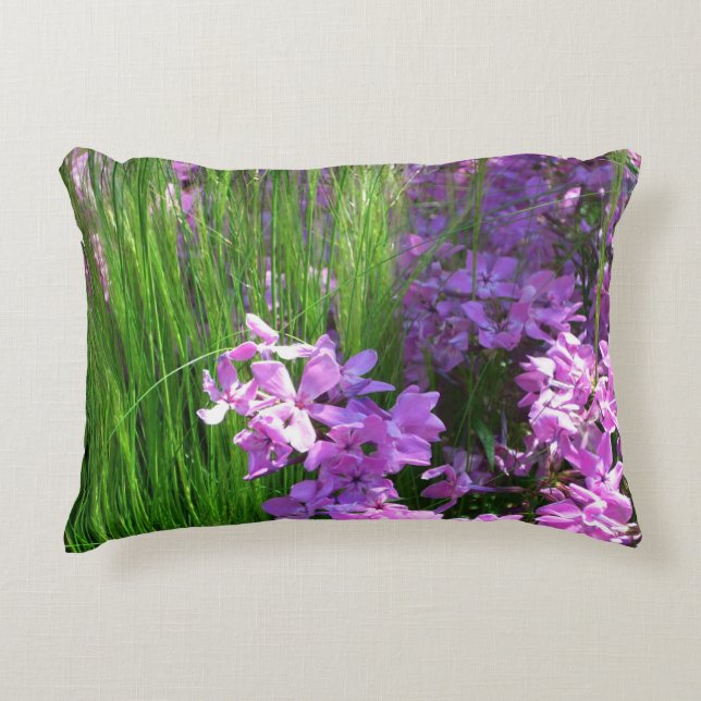 Pink Phlox and Grass Summer Floral Accent Pillow (Front)
