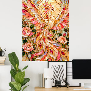Pink Phoenix with Roses – Stained Glass Floral Art Poster