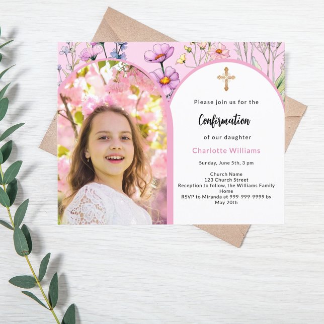 Pink photo arch florals Confirmation invitation (Creator Uploaded)