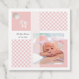 Pink Photo Birth Announcement Gingham Footprints Favour Tags
