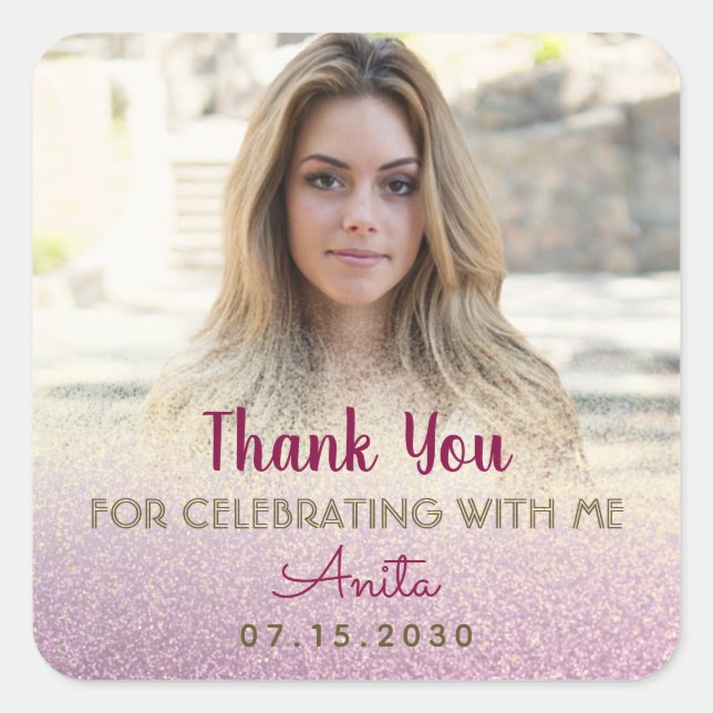 Pink Photo Birthday Thank You Square Sticker (Front)