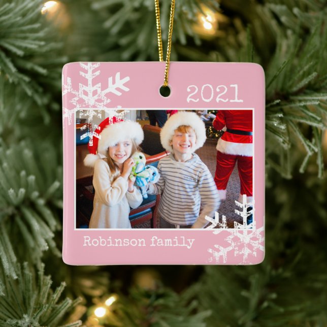 Pink Photo Border White Snowflakes Holiday Ceramic Ornament (Tree)