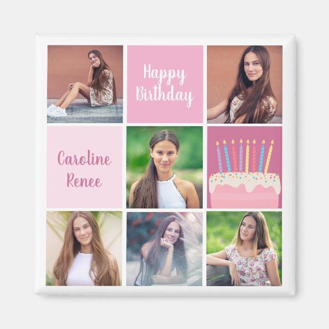 Pink Photo Collage Custom Women's Birthday Party Magnet (Front)