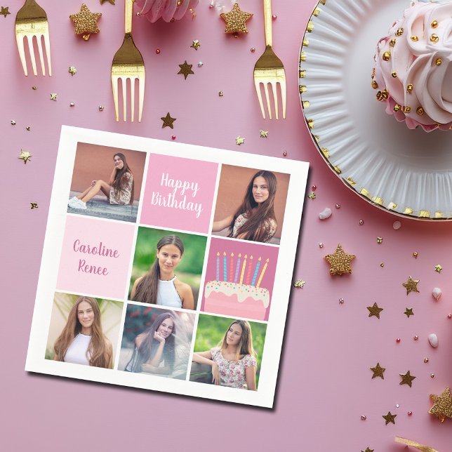 Pink Photo Collage Custom Women's Birthday Party Napkin (Creator Uploaded)