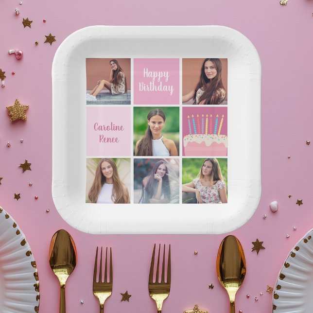Pink Photo Collage Custom Women's Birthday Party Paper Plate (Creator Uploaded)