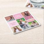 Pink Photo Collage Custom Women's Birthday Party Square Paper Coaster<br><div class="desc">Pretty custom women's birthday party paper coasters with a 6 photo template collage of a young woman or teenage girl with her name on the cute pink squares next to a beautiful birthday cake. Personalized girly Happy Birthday decor.</div>
