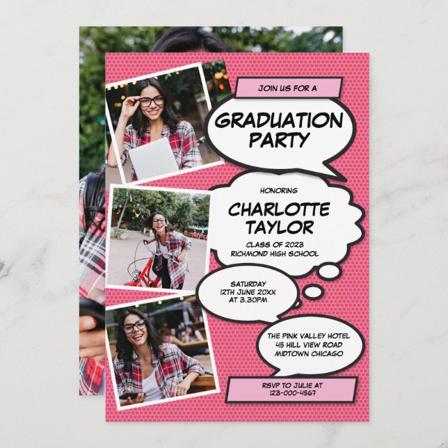 Pink Photo Collage Modern Fun Graduation Party Invitation (Front/Back)
