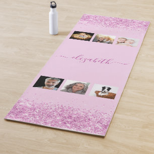 Pink photo collage name script yoga mat