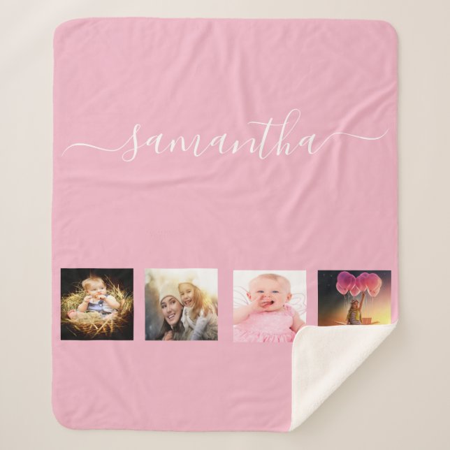 Pink photo collage script monogram sherpa blanket (Front)