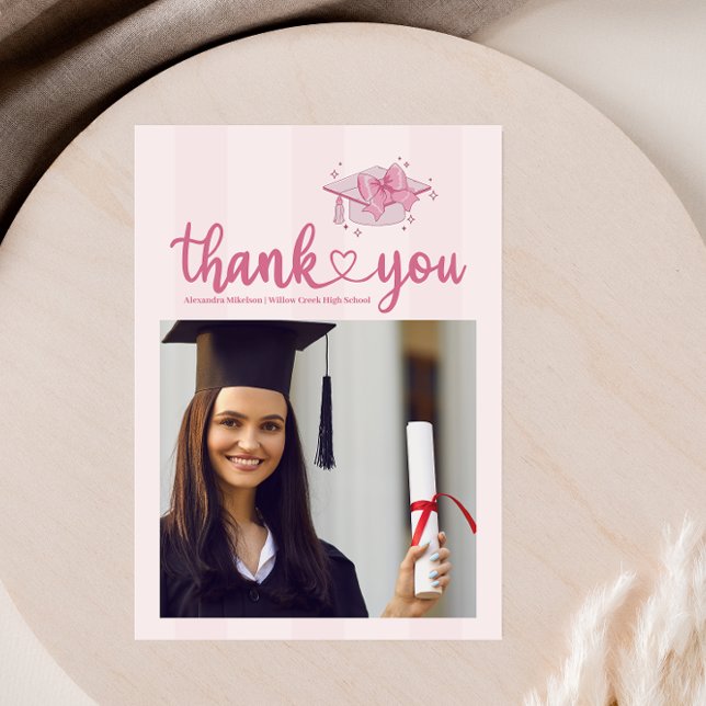 Pink Photo Coquette  Bow Graduation Party Thank You Card (Creator Uploaded)