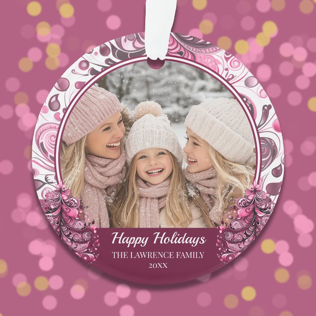 Pink Photo de Noël Whimsical Personnalisé (Pink Christmas Photo Whimsical Custom Ornament)