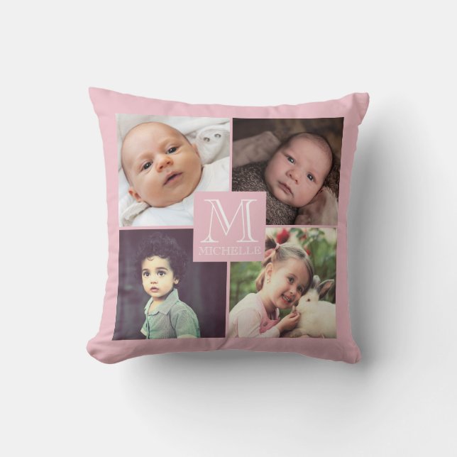 Pink photo girly monogramed collage throw pillow (Front)