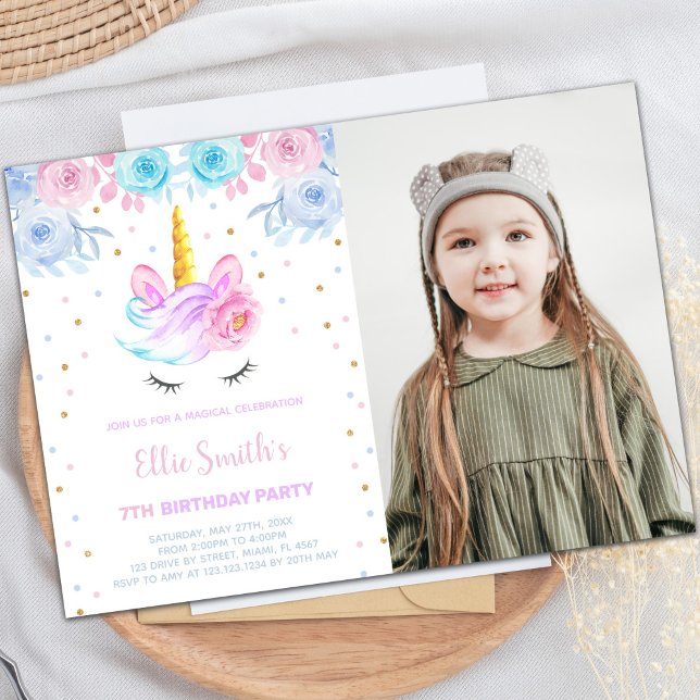 Pink Photo Green Floral Unicorn Invitations (Pink Photo Green Floral Unicorn Invitations)