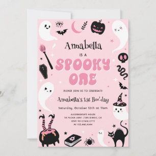 Pink Photo Halloween Spooky One 1st Birthday Invitation