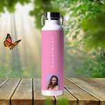 Pink photo name white water bottle<br><div class="desc">A trendy pink coloured background.  Personalize and add your name and a profile photo.</div>