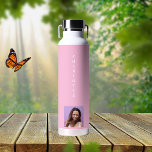Pink photo name white water bottle<br><div class="desc">A trendy pink pastel coloured background.  Personalize and add your name and a profile photo.</div>