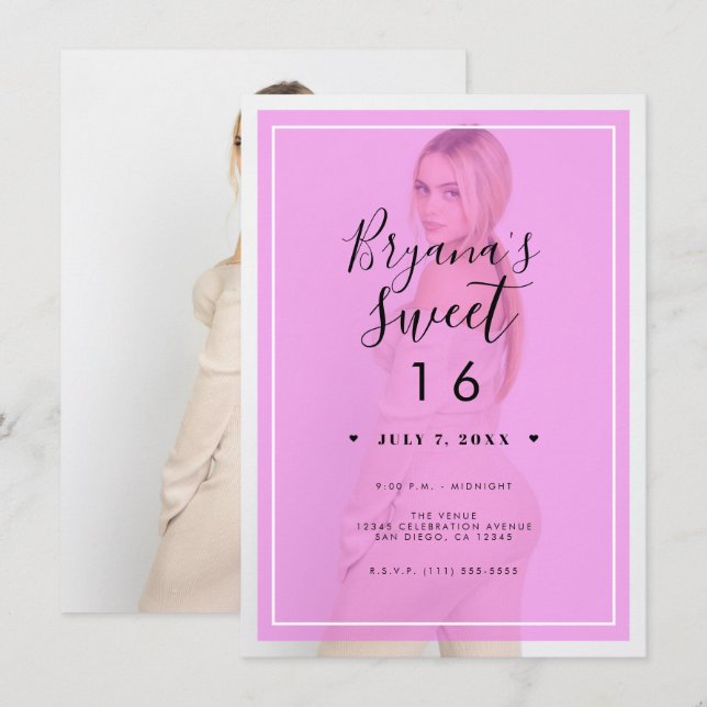 Pink Photo Tint Overlay 2 Modern Minimal Sweet 16 Invitation (Front/Back)