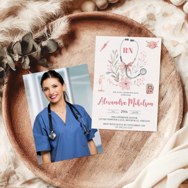 Pink Photo Watercolor  Nursing School Graduate  Invitation (Creator Uploaded)