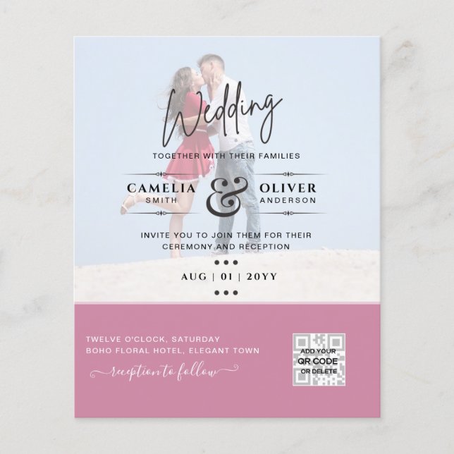 Pink Photo Wedding Invite QR Code Save Date Flyer (Front)