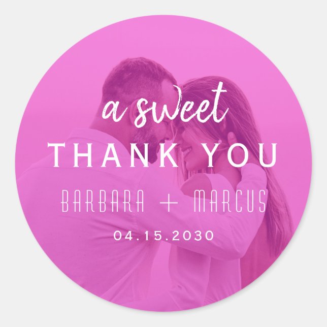 Pink Photo Wedding Thank You Classic Round Sticker (Front)