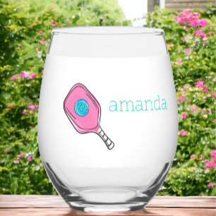 Pink Pickleball Paddle & Ball Personalized Preppy Stemless Wine Glass